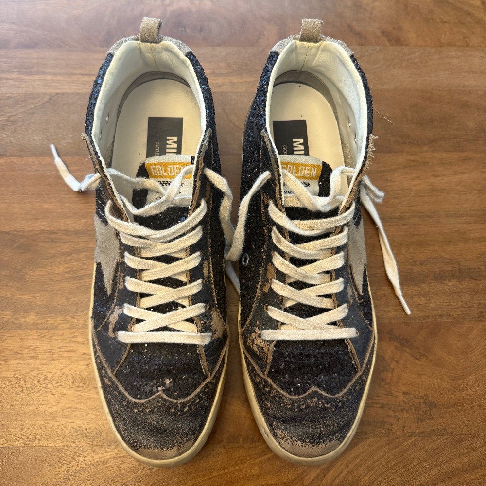 Golden Goose Mid Star with black glitter